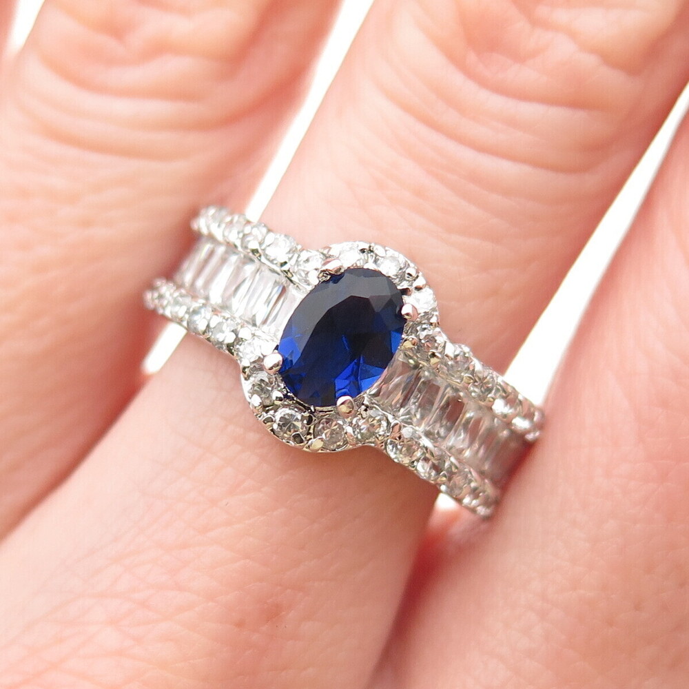 925 Sterling Silver Multi-Cut Blue & White C Z Ring Size 8
